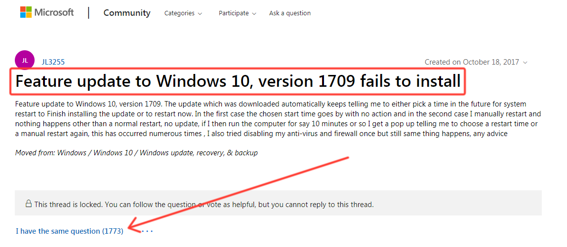 Windows version 1709 failed to install
